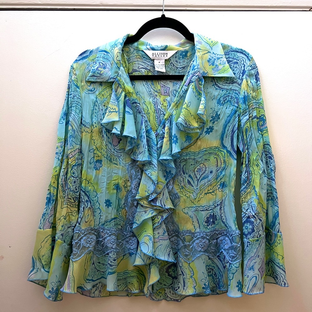 ALLISON TAYLOR Sheer Ruffle Button Up Shirt Couture Top in Size M